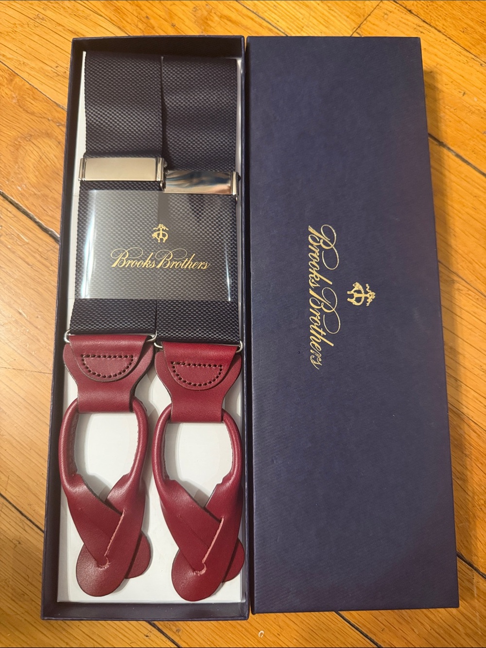 Brooks Brothers Black and Burgundy Leather Button-Loop Suspenders